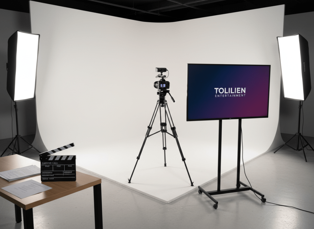 A clean, organized casting and audition studio interior, centered on a seamless white backdrop and a professional 4K camera mounted on a sturdy tripod, aimed directly at the set. To the side, a large monitor displays the Tolilien Entertainment logo over a gradient of deep navy and violet. Soft, even studio softbox lighting floods the backdrop, eliminating harsh shadows and giving the room a neutral, photographic realism. The polished concrete floor reflects subtle light, and a table nearby holds neatly stacked casting sheets and a clapperboard branded with the company name. Shot from a three-quarter angle, the composition feels structured, efficient, and highly professional, underscoring the agency’s strength in casting.