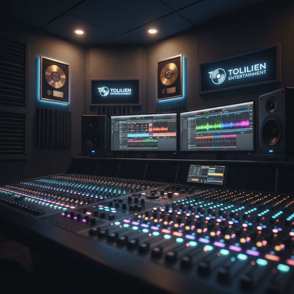 An atmospheric music production control room emphasizing Tolilien Entertainment’s identity, with a large mixing console covered in colorful LED-lit faders, dual high-resolution monitors displaying audio waveforms, and studio-grade speakers on either side. The walls are lined with dark acoustic foam and subtle branded signage, while framed gold and platinum-style record plaques carry the company name. Low, moody studio lighting mixed with a cool blue monitor glow creates dramatic highlights and soft shadows. Captured from a slightly elevated angle with shallow depth of field, the foreground controls are crisp while the far wall gently blurs, creating a sophisticated, professional, and cutting-edge entertainment production atmosphere.