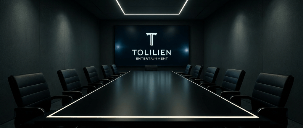 A stylish, cinematic conference room in an entertainment production company, featuring a long matte-black table with integrated LED edge lighting, surrounded only by sleek empty chairs, emphasizing the space rather than people. At the far end, a large wall-mounted screen displays Tolilien Entertainment’s brand identity: a minimalist logo over a dark gradient with subtle light flares reminiscent of stage lights. Cool, indirect ceiling lighting and a faint glow from the screen create a balanced, professional ambience. Shot from a low perspective down the length of the table, with strong leading lines guiding the eye to the screen, the photographic realism reinforces a sense of strategic planning and corporate sophistication within the entertainment and talent management world.